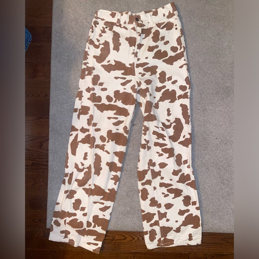 Shekou Brown and White Cow Print Wide Leg Jeans | Size: L